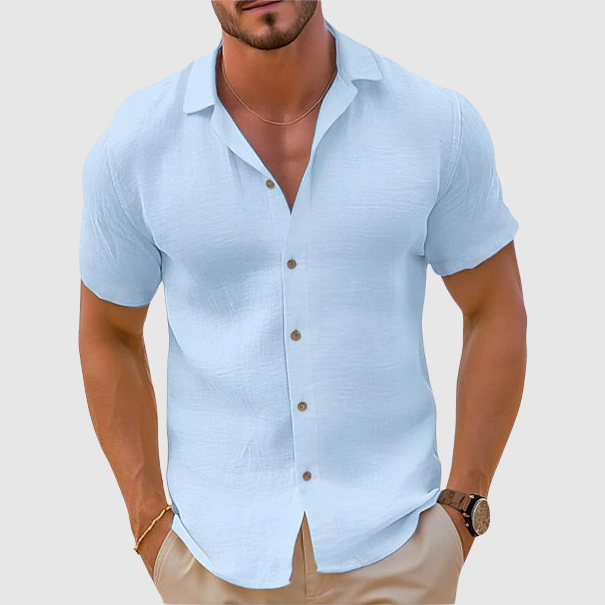 Parker Casual Button Shirt For Warm Weather Breathable Short Sleeve Relaxed Fit Beige Linen Inspired Top