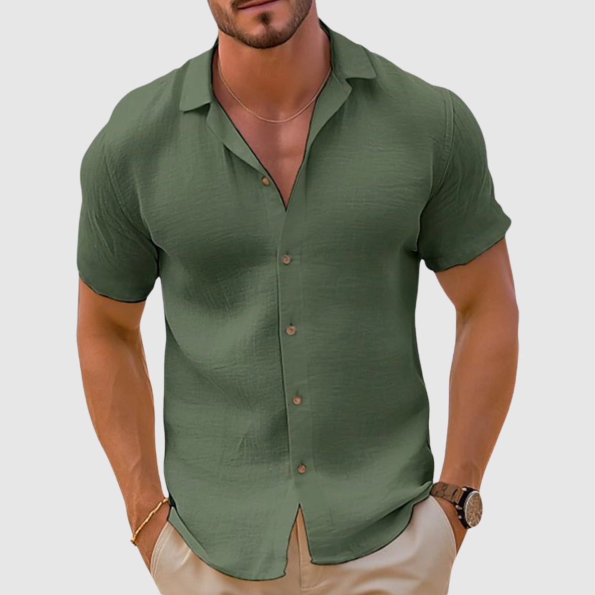 Parker Casual Button Shirt For Warm Weather Breathable Short Sleeve Relaxed Fit Beige Linen Inspired Top