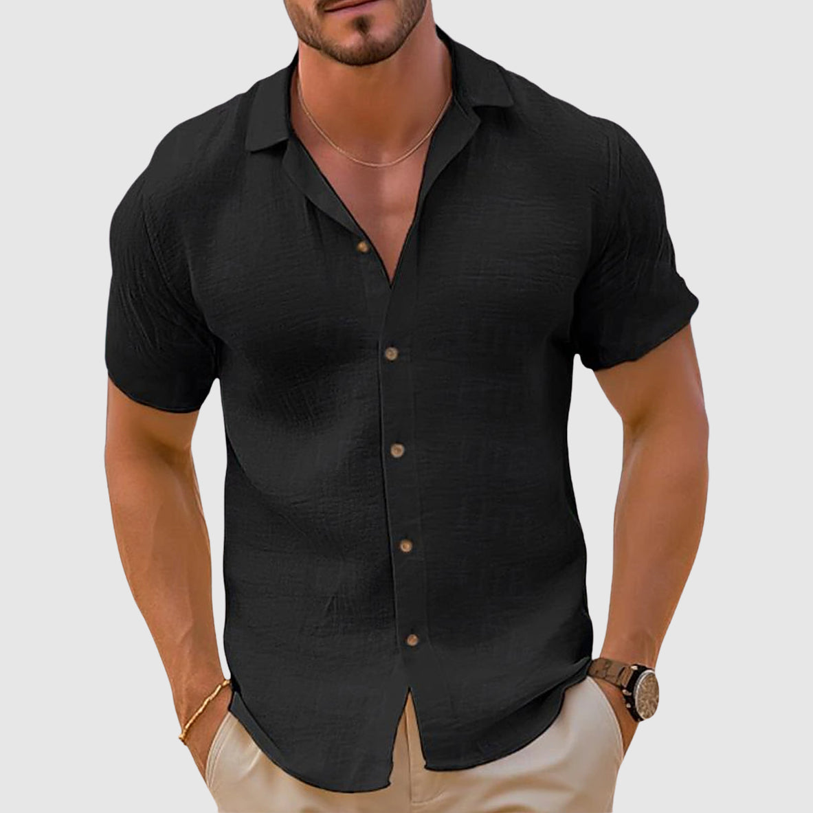 Parker Casual Button Shirt For Warm Weather Breathable Short Sleeve Relaxed Fit Beige Linen Inspired Top