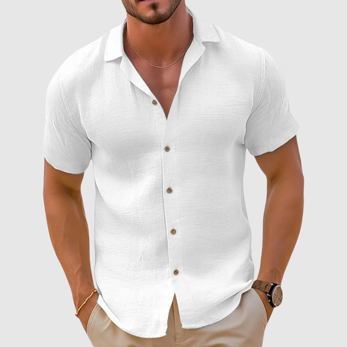 Parker Casual Button Shirt For Warm Weather Breathable Short Sleeve Relaxed Fit Beige Linen Inspired Top