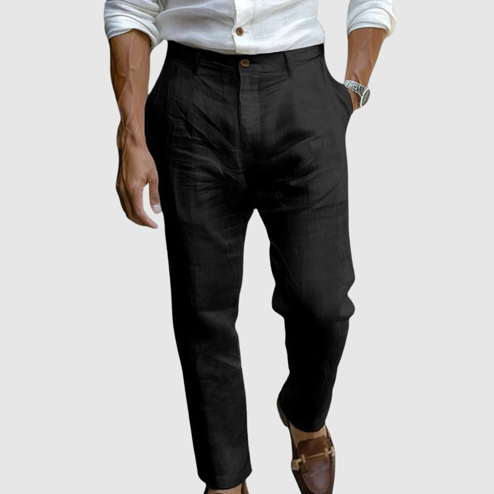 Mens Linen Trousers Classic Fit Straight Leg Flat Front Lightweight Breathable Navy