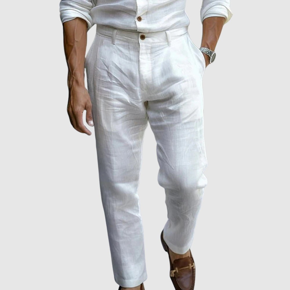 Mens Linen Trousers Classic Fit Straight Leg Flat Front Lightweight Breathable Navy