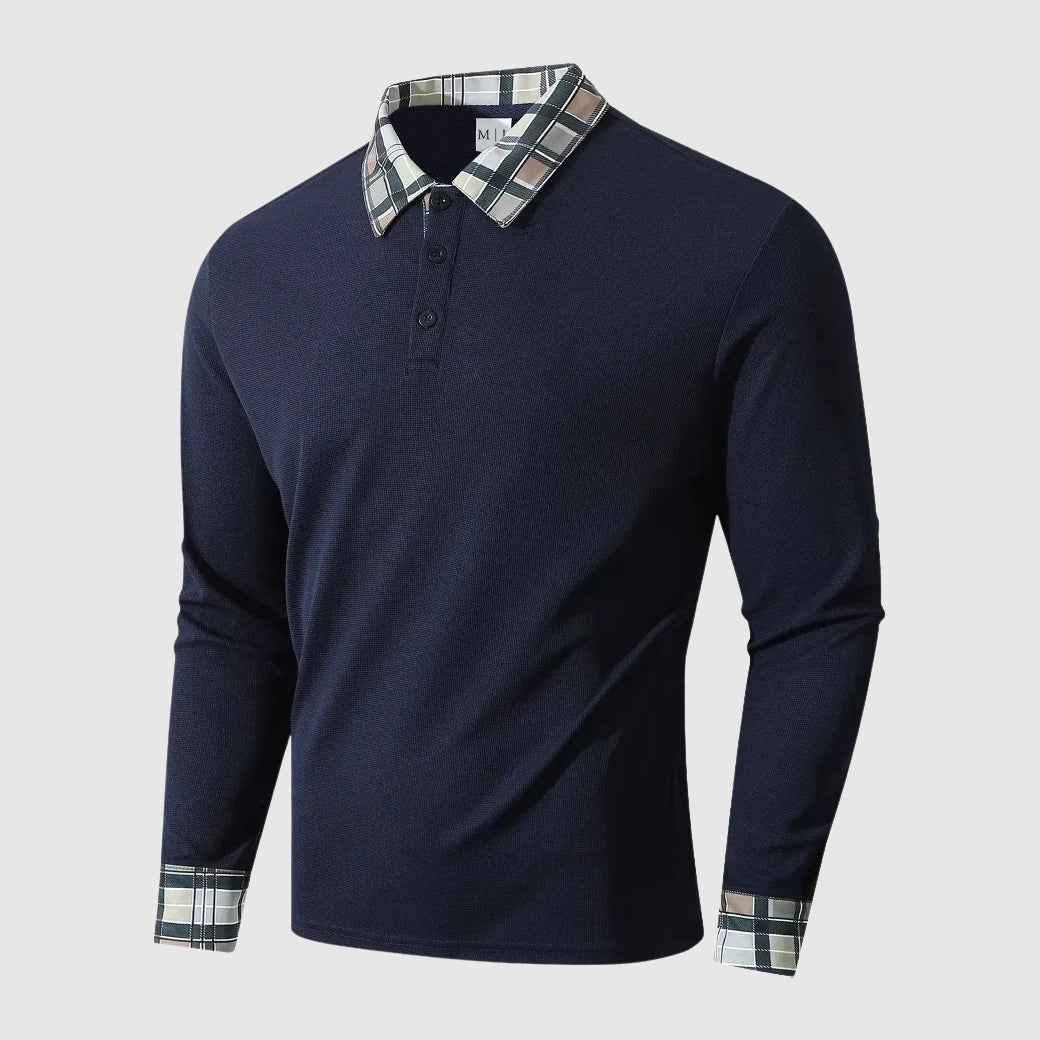 Nordisk Flair Men's Long Sleeve Polo Shirt Ribbed Knit Regular Fit Plaid Collar And Cuffs