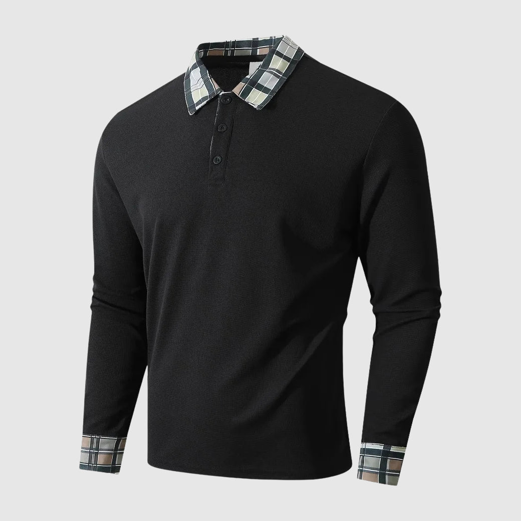 Nordisk Flair Men's Long Sleeve Polo Shirt Ribbed Knit Regular Fit Plaid Collar And Cuffs
