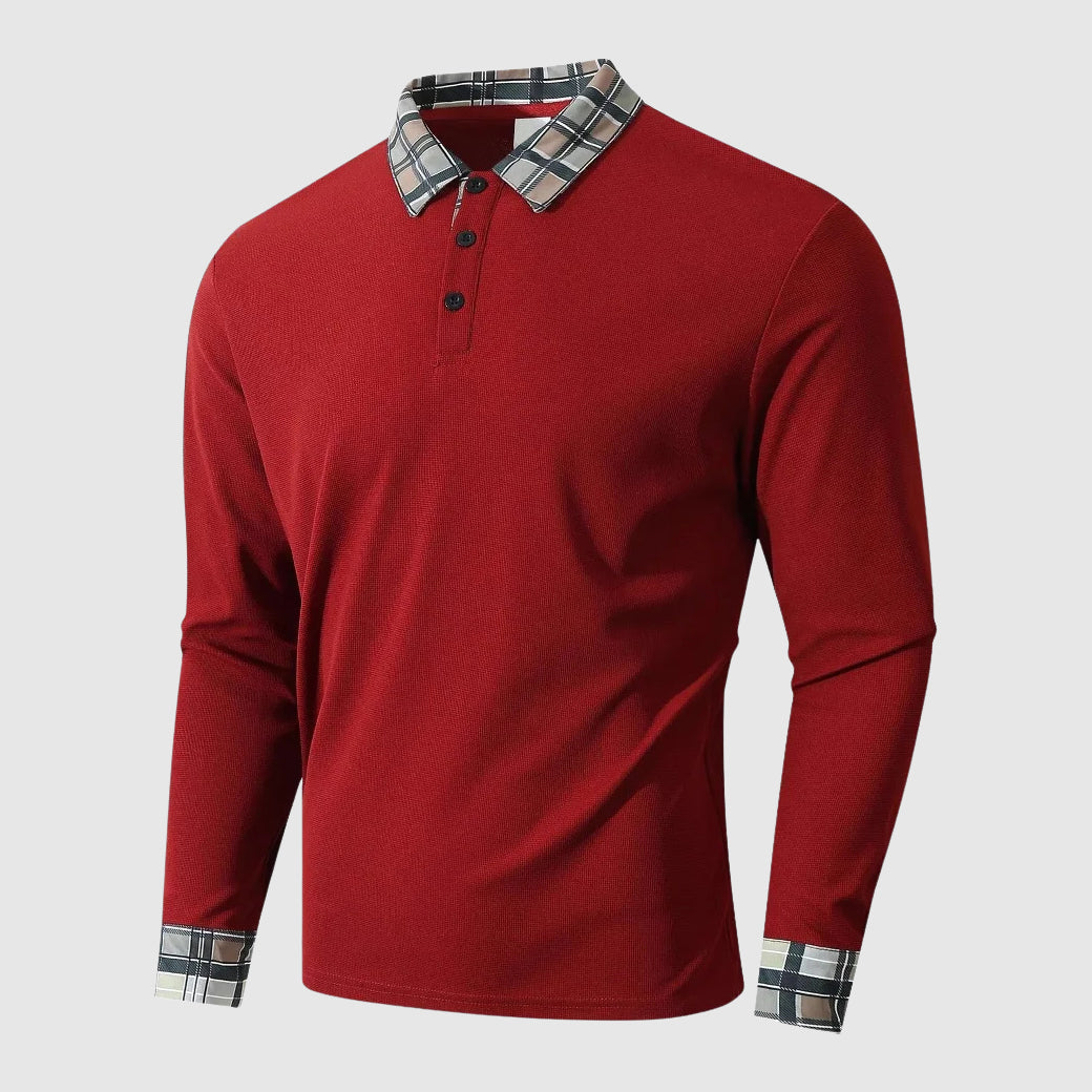 Nordisk Flair Men's Long Sleeve Polo Shirt Ribbed Knit Regular Fit Plaid Collar And Cuffs