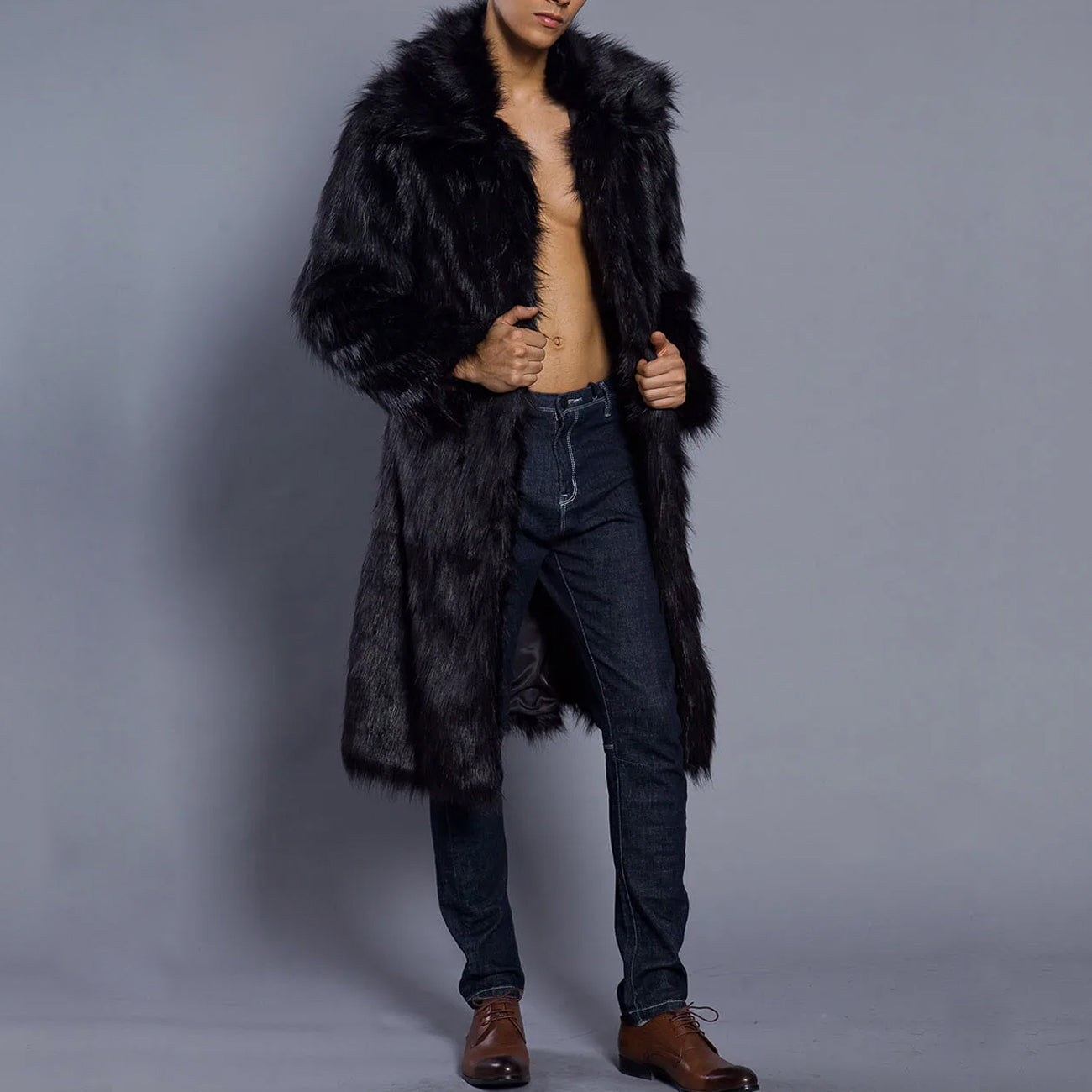 Men's Oversized Faux Fur Coat Full Length With Voluminous Collar Luxurious Winter Outerwear