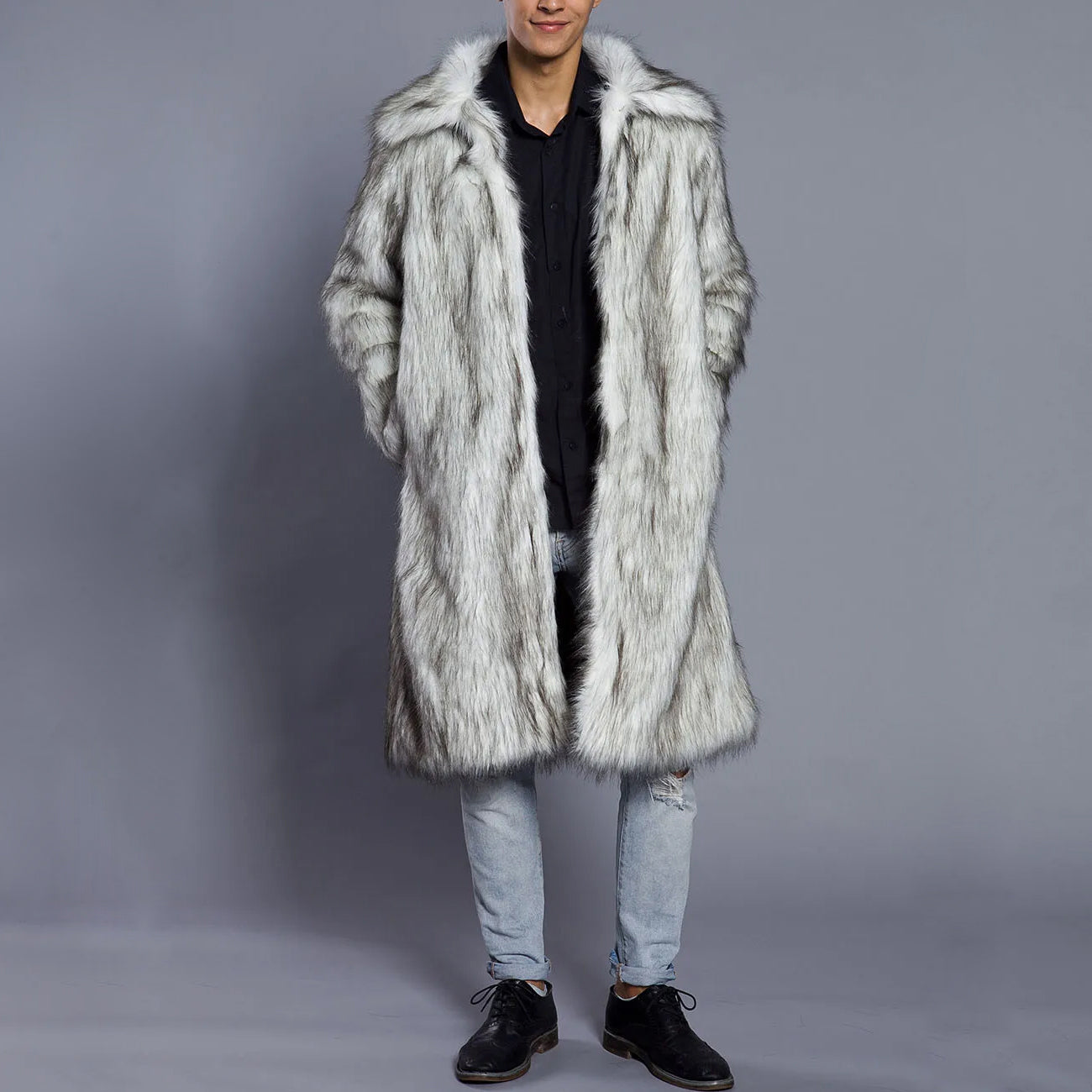 Men's Oversized Faux Fur Coat Full Length With Voluminous Collar Luxurious Winter Outerwear
