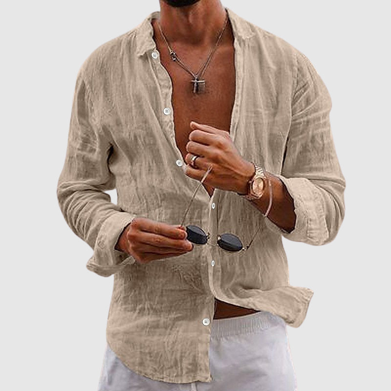 Kayden Lightweight Resort Shirt For Warm Weather Breezy Semi Sheer Long Sleeve Linen Button Down For Beach And Dinner