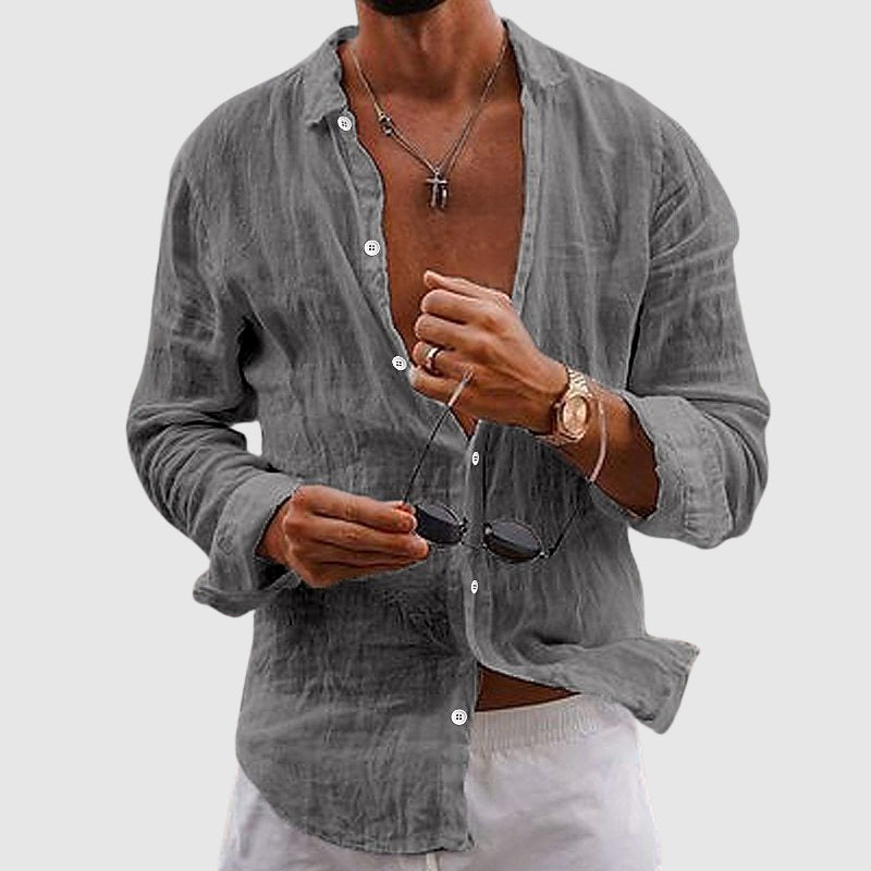 Kayden Lightweight Resort Shirt For Warm Weather Breezy Semi Sheer Long Sleeve Linen Button Down For Beach And Dinner
