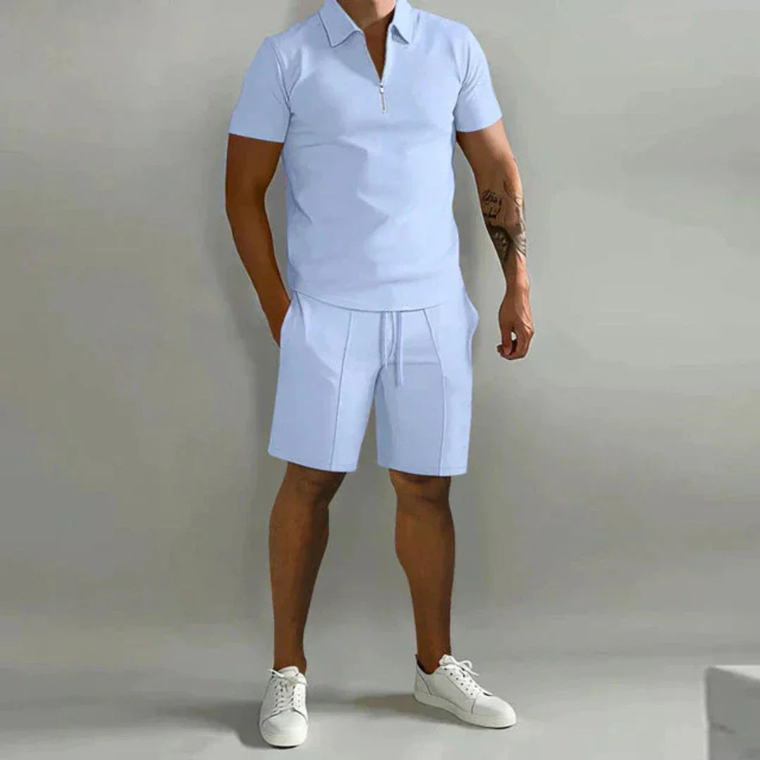 Luca Zip Polo And Short Set For Men Breathable Cotton Blend Polo With Zip Collar And Shorts