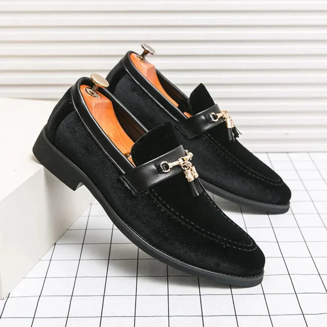 Luca Marq Blue Velvet Loafers With Metal Tassel Chain Accent For Bold Evening Looks That Turn Heads