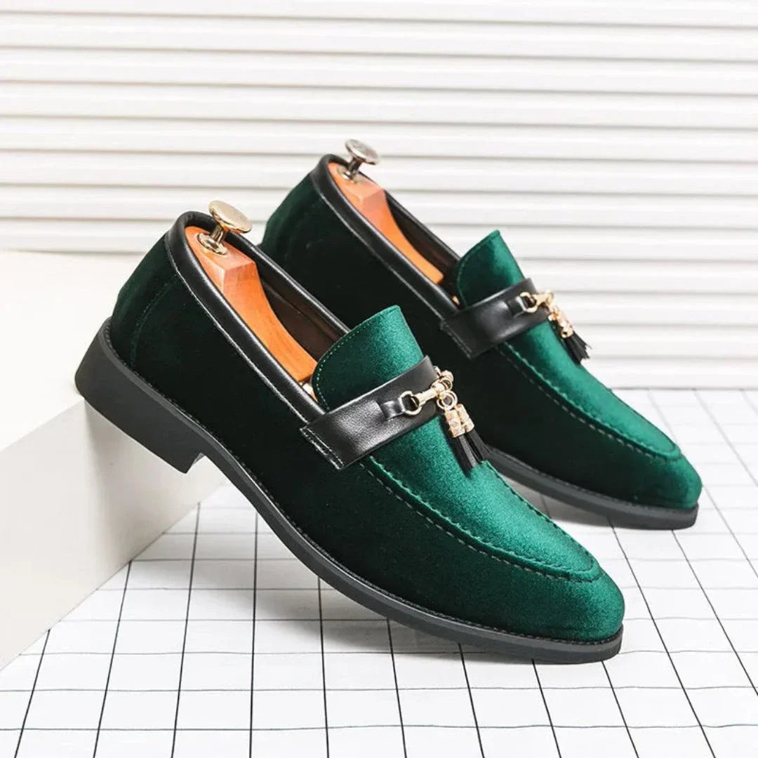 Luca Marq Blue Velvet Loafers With Metal Tassel Chain Accent For Bold Evening Looks That Turn Heads