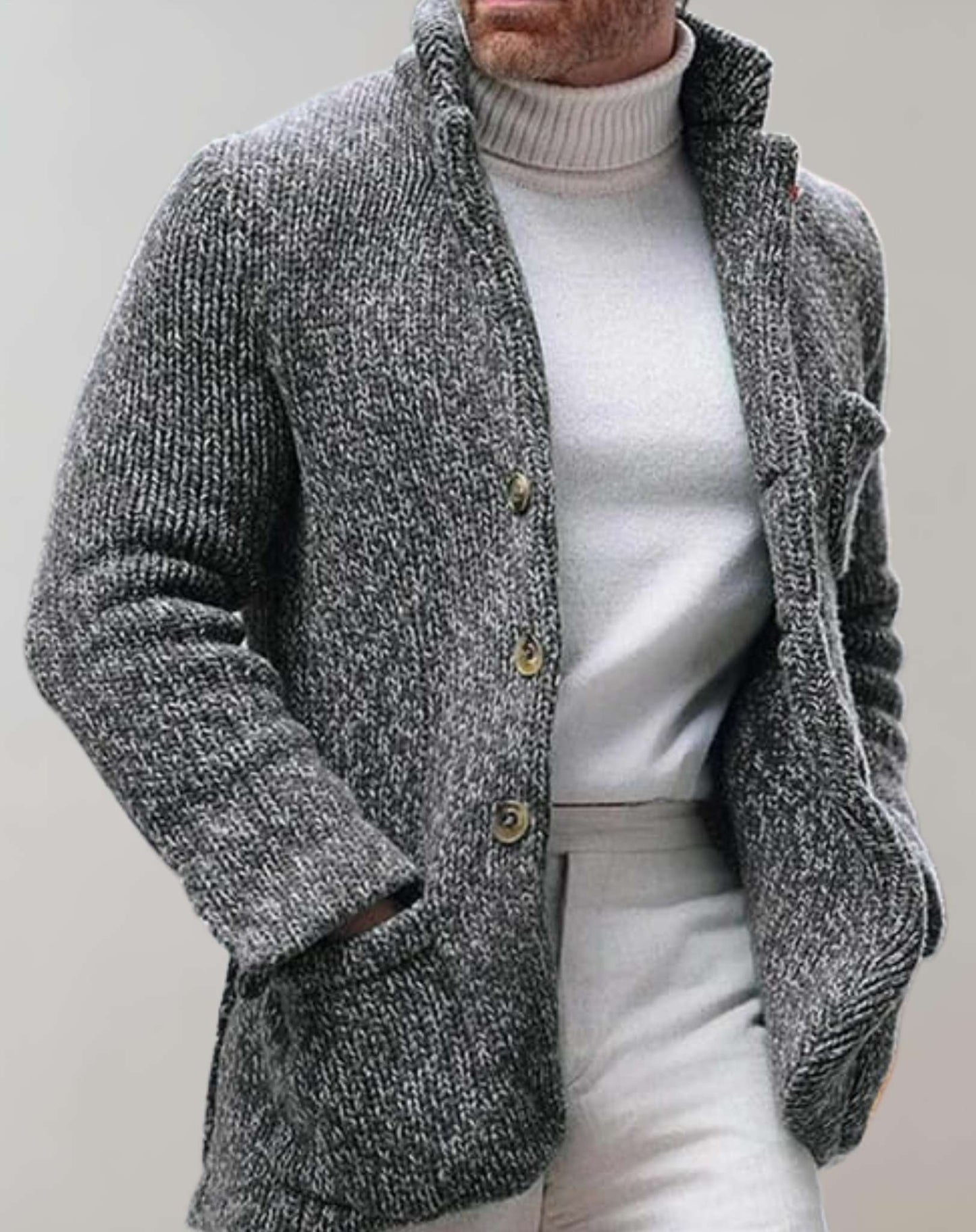 Nordisk Flair Mens Cardigan Relaxed Fit Chunky Knit Wool Standing Collar Button Front Layered Warm Essential Sweater