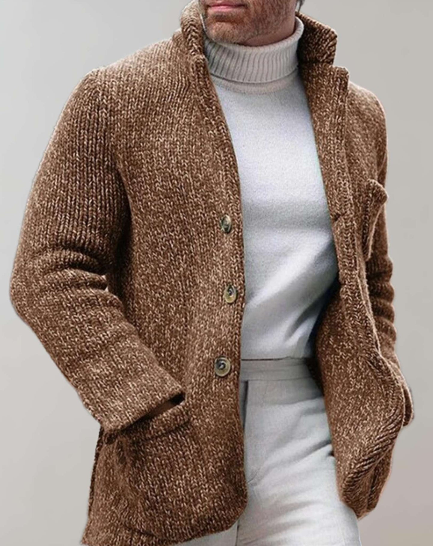 Nordisk Flair Mens Cardigan Relaxed Fit Chunky Knit Wool Standing Collar Button Front Layered Warm Essential Sweater