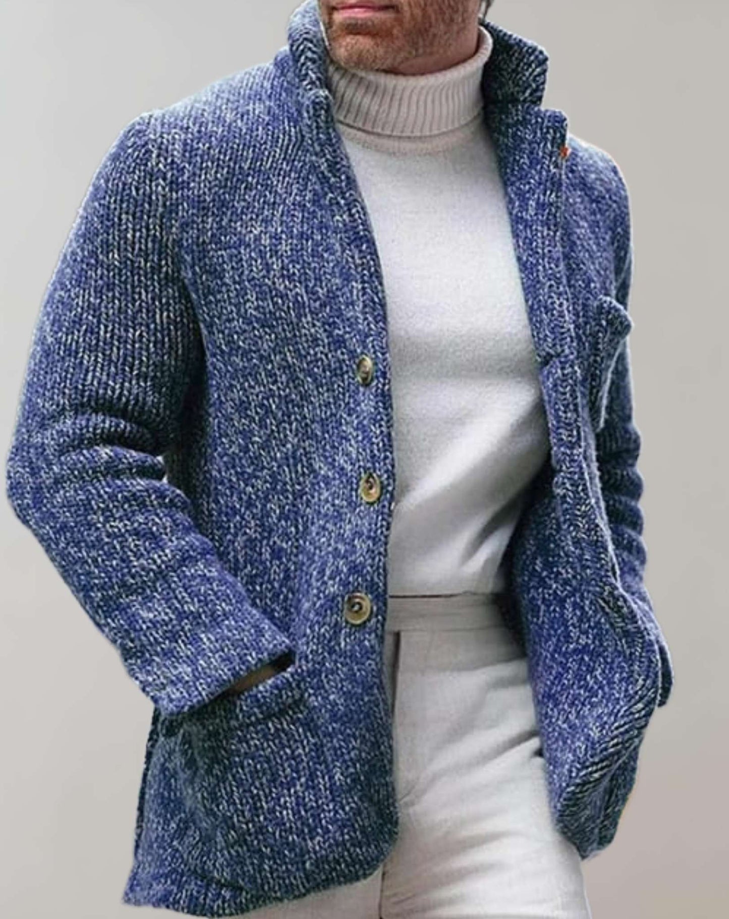 Nordisk Flair Mens Cardigan Relaxed Fit Chunky Knit Wool Standing Collar Button Front Layered Warm Essential Sweater