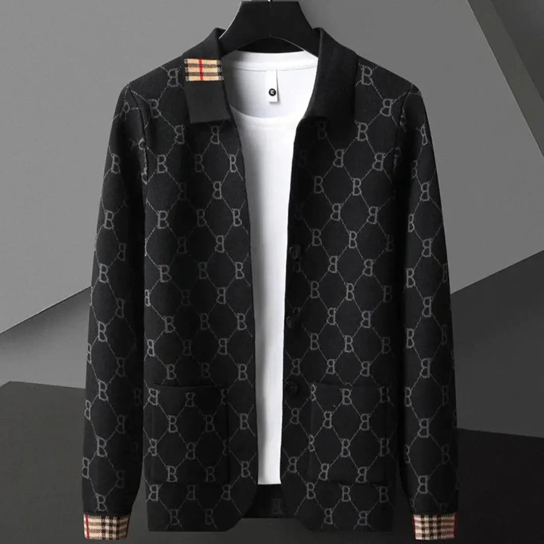 Luciano Elite Knit Cardigan With Interlocking Monogram Pattern And Classic Plaid Accents