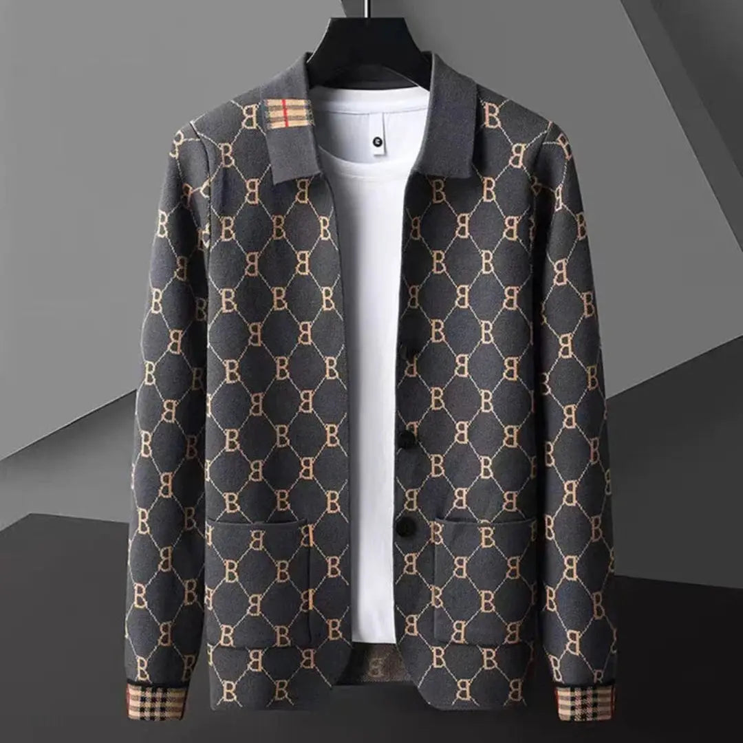 Luciano Elite Knit Cardigan With Interlocking Monogram Pattern And Classic Plaid Accents