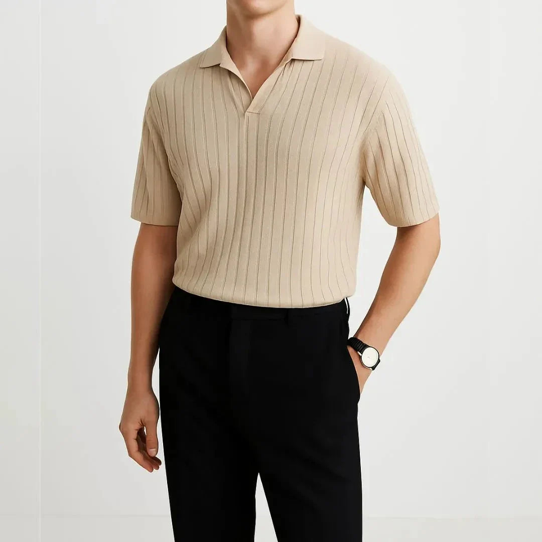 Lucien Ribbed Knit Polo Shirt For Men By Waylynn Breathable Polyester Viscose Blend Open Collar