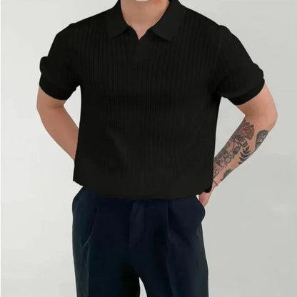 Lucien Ribbed Knit Polo Shirt For Men By Waylynn Breathable Polyester Viscose Blend Open Collar