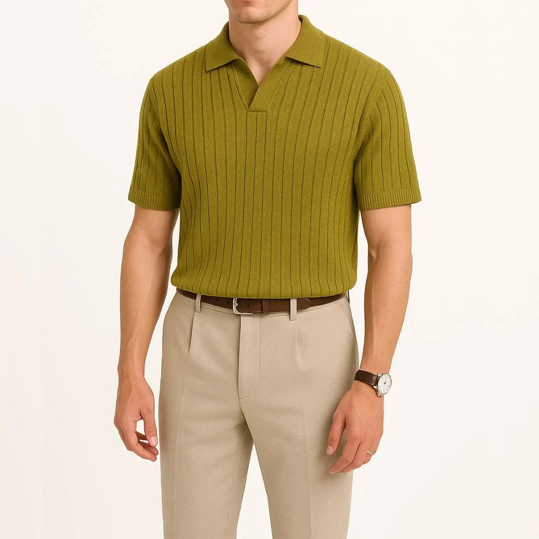 Lucien Ribbed Knit Polo Shirt For Men By Waylynn Breathable Polyester Viscose Blend Open Collar