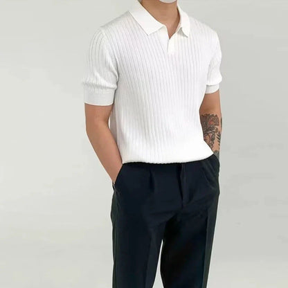 Lucien Ribbed Knit Polo Shirt For Men By Waylynn Breathable Polyester Viscose Blend Open Collar