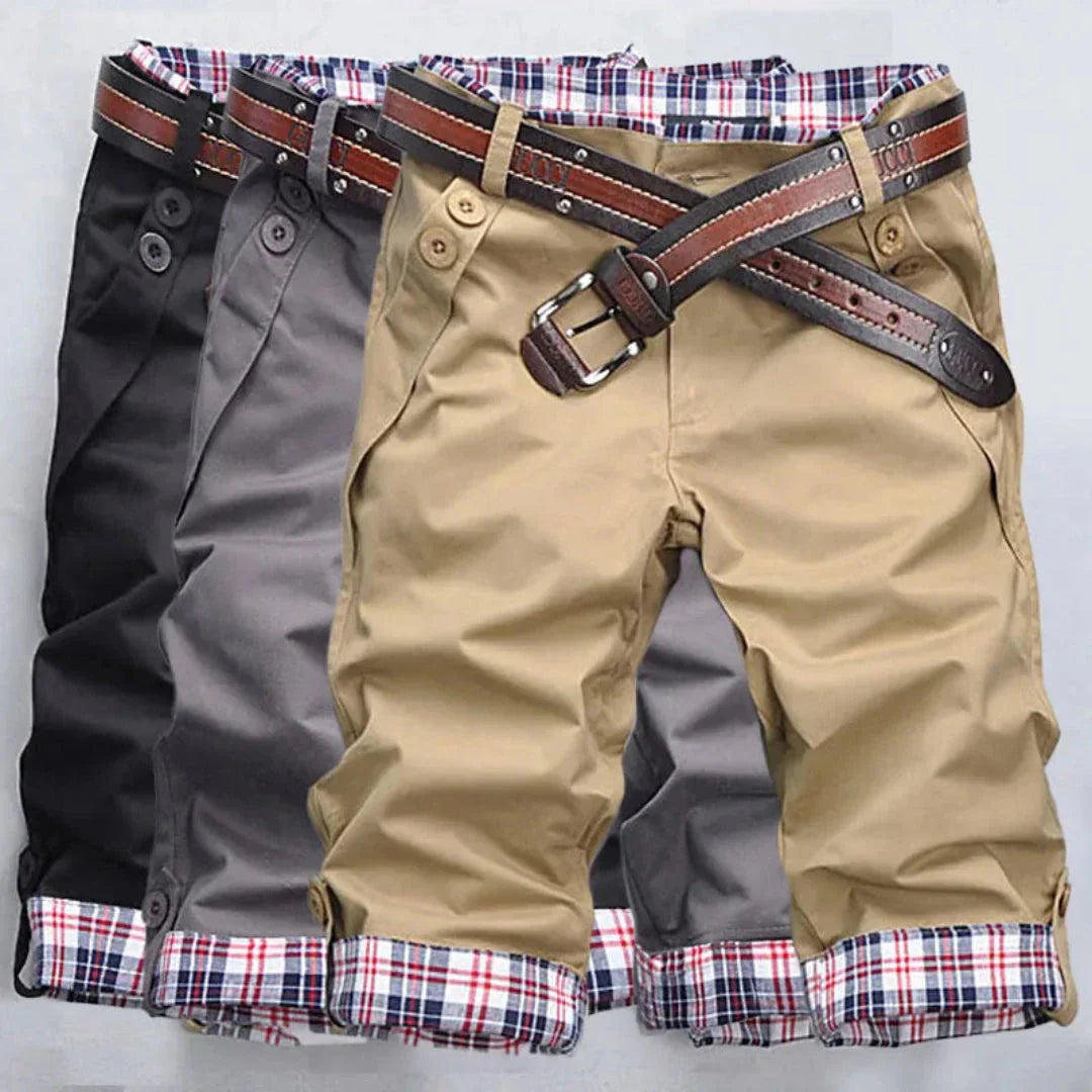 Marc Plaid Cotton Blend Shorts For Men With Plaid Lining Contrast Belt Rolled Up Capri Style