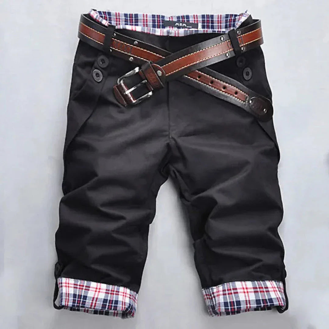 Marc Plaid Cotton Blend Shorts For Men With Plaid Lining Contrast Belt Rolled Up Capri Style