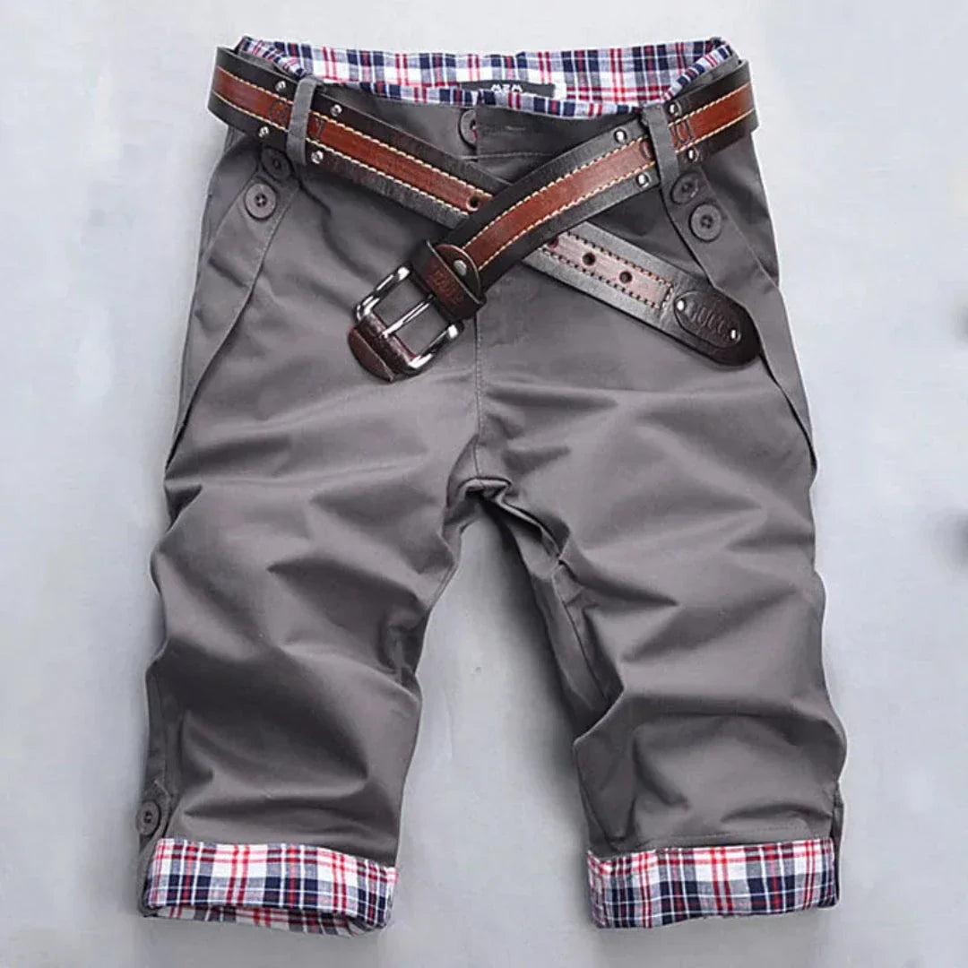 Marc Plaid Cotton Blend Shorts For Men With Plaid Lining Contrast Belt Rolled Up Capri Style