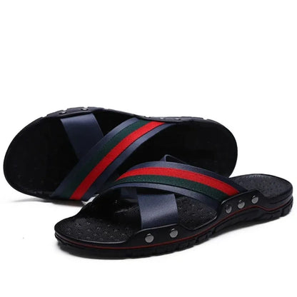 Marcellus Cross Straps Slides For Men Red Green Stripe Straps Luxury Comfort Ergonomic Breathable Footbed