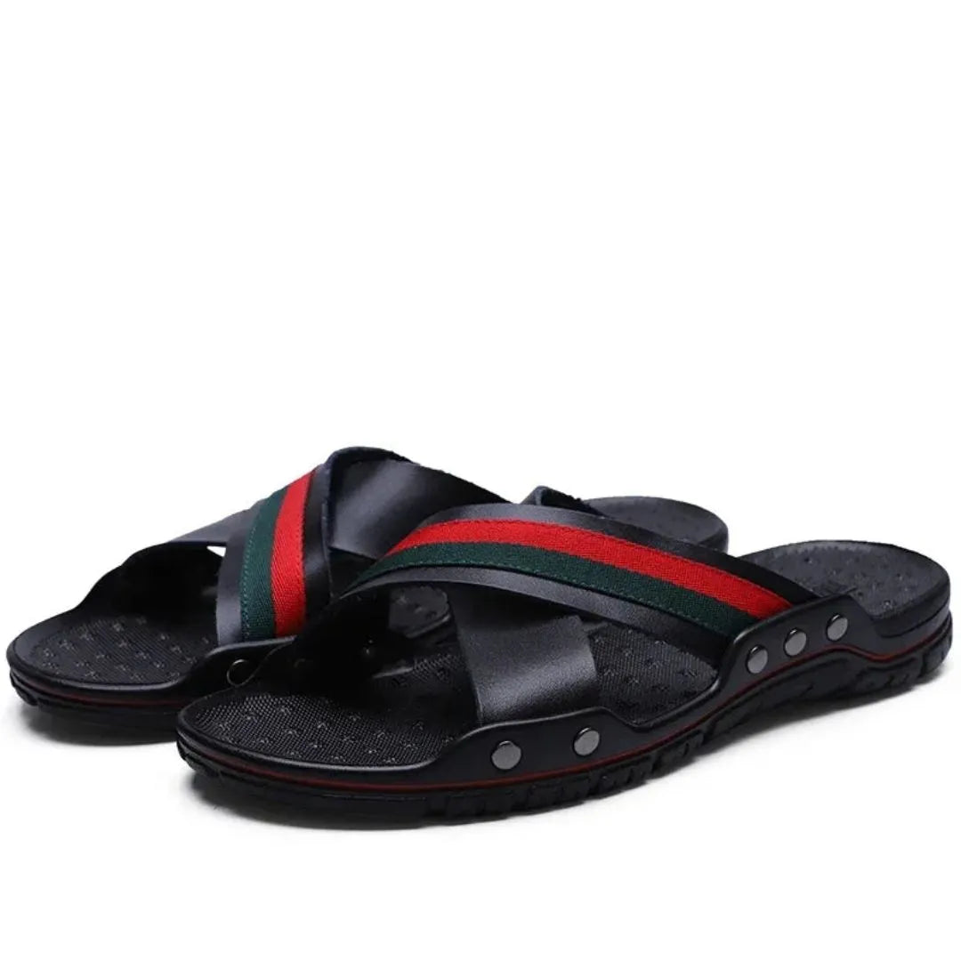 Marcellus Cross Straps Slides For Men Red Green Stripe Straps Luxury Comfort Ergonomic Breathable Footbed