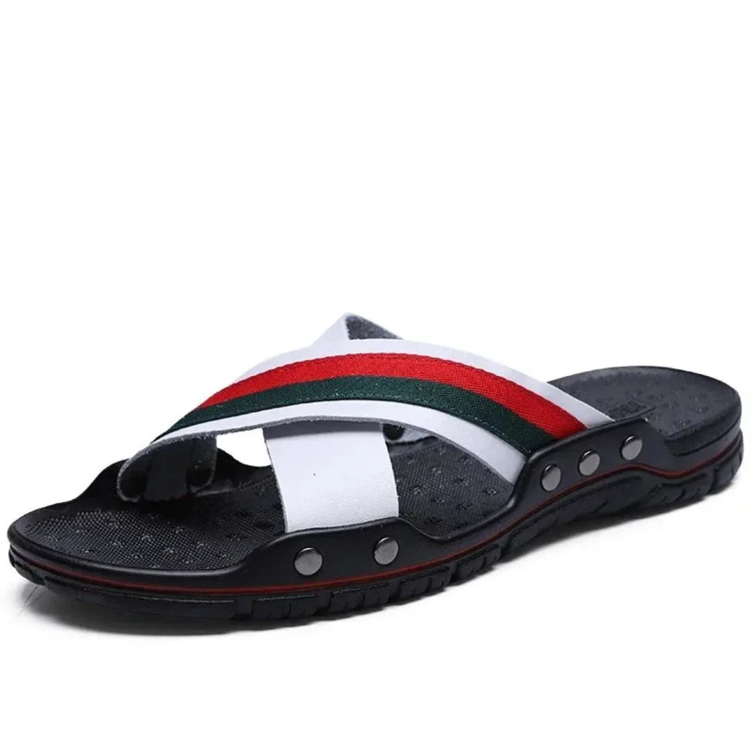 Marcellus Cross Straps Slides For Men Red Green Stripe Straps Luxury Comfort Ergonomic Breathable Footbed
