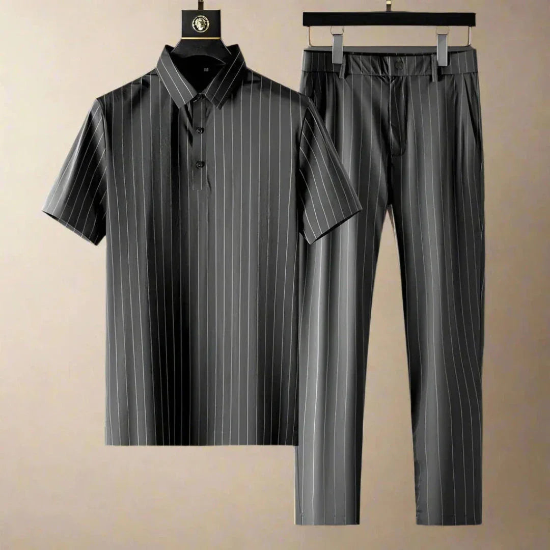 Marco Pinstripe Polo Shirt And Slim Fit Pants Set For Mens Smart Casual Everyday Wear