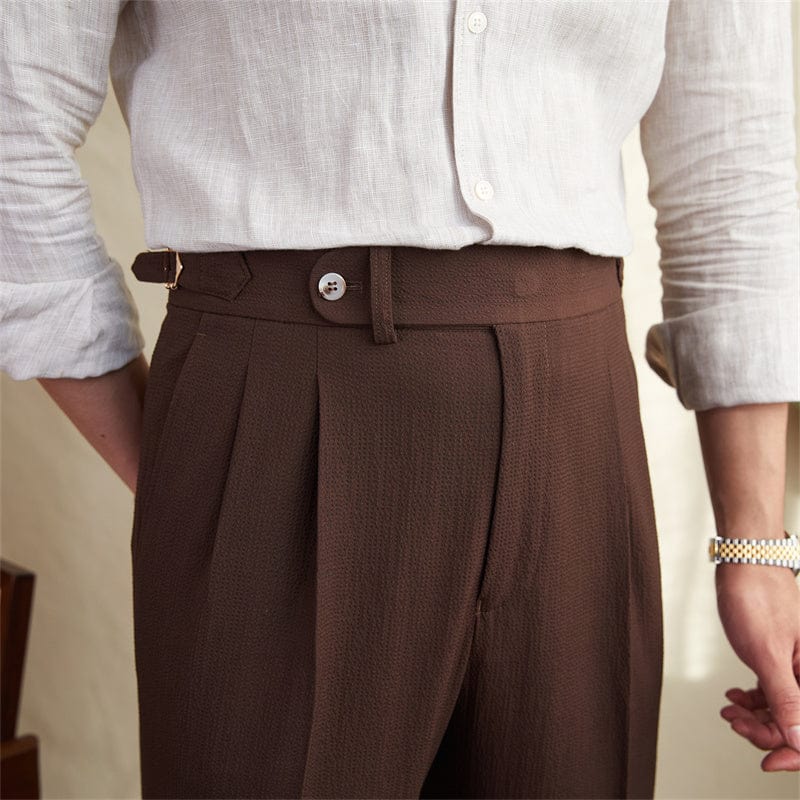 Marco Monte Tailored Pleated Trousers For Men Slim Fit Dark Brown Dress Pants Premium Fabric Blend Elegant Office Ready