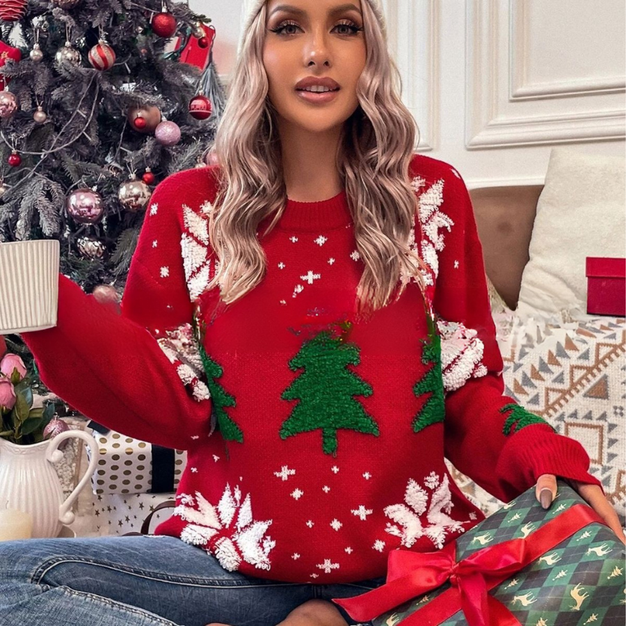 Women’s Sweatshirt – Loose Fit Knit – Round Neck – Long Sleeve Snowflake Tree Design