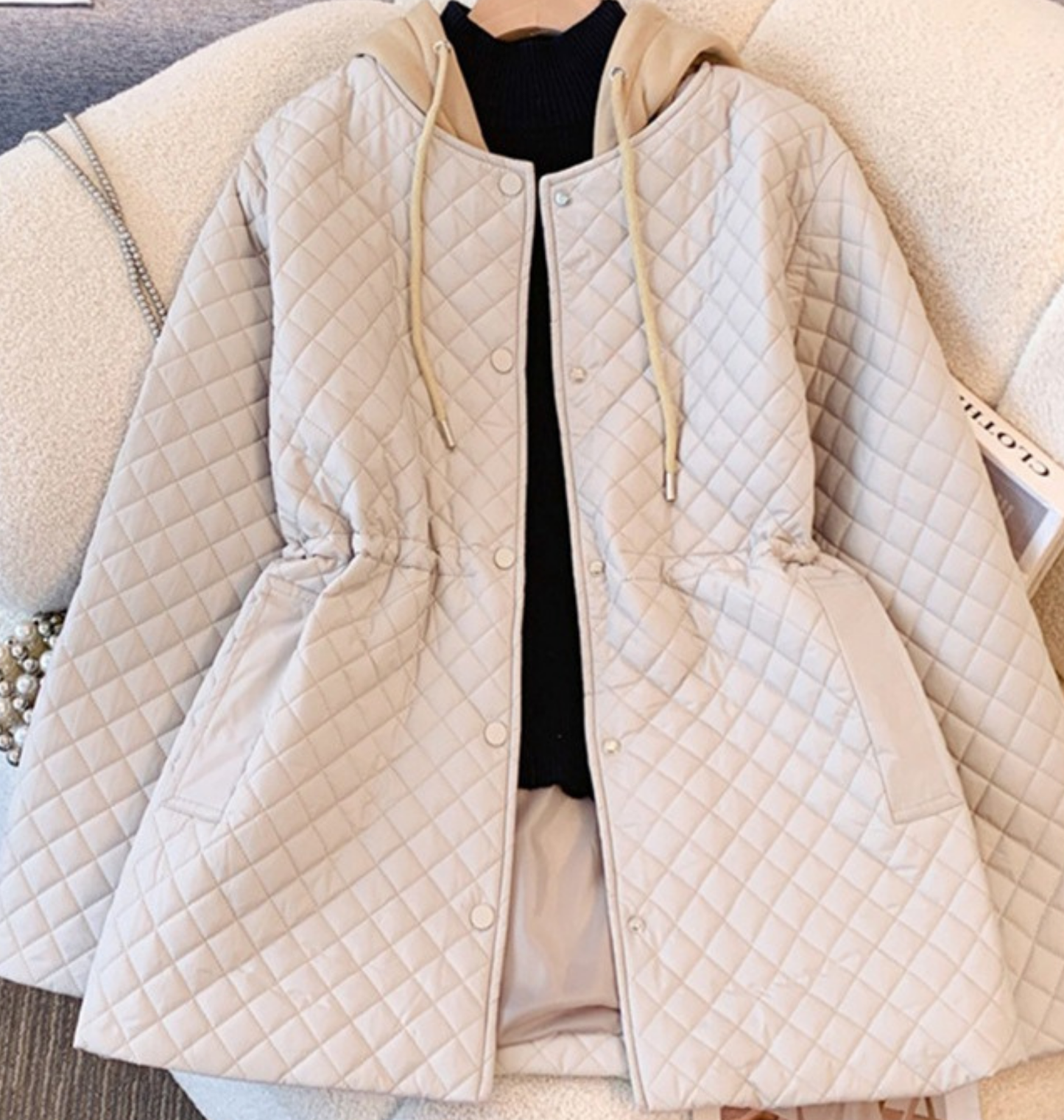 Grace Quilted Coat | Hooded Drawstring Waist Coat