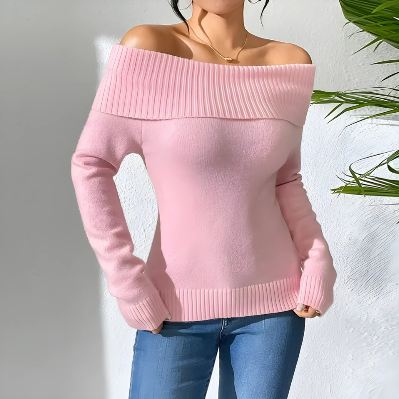 Women’s Sweatshirt – Off-Shoulder – Slim Fit – Ribbed Neckline – Soft Knitwear