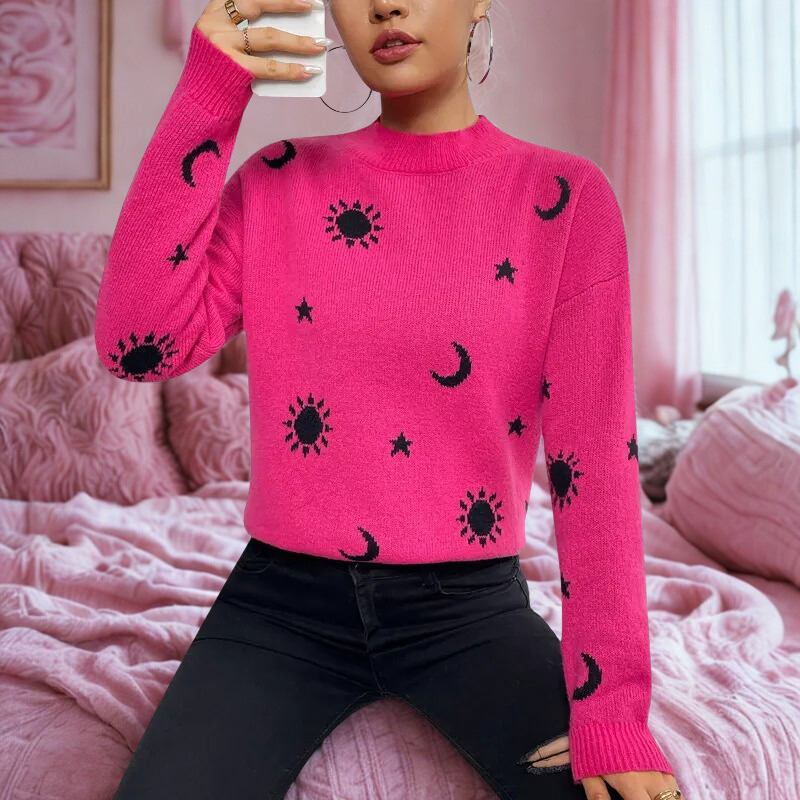 Women’s Pullover Sweatshirt – Relaxed Fit – Jacquard Knit – Round Neck – Long Sleeve