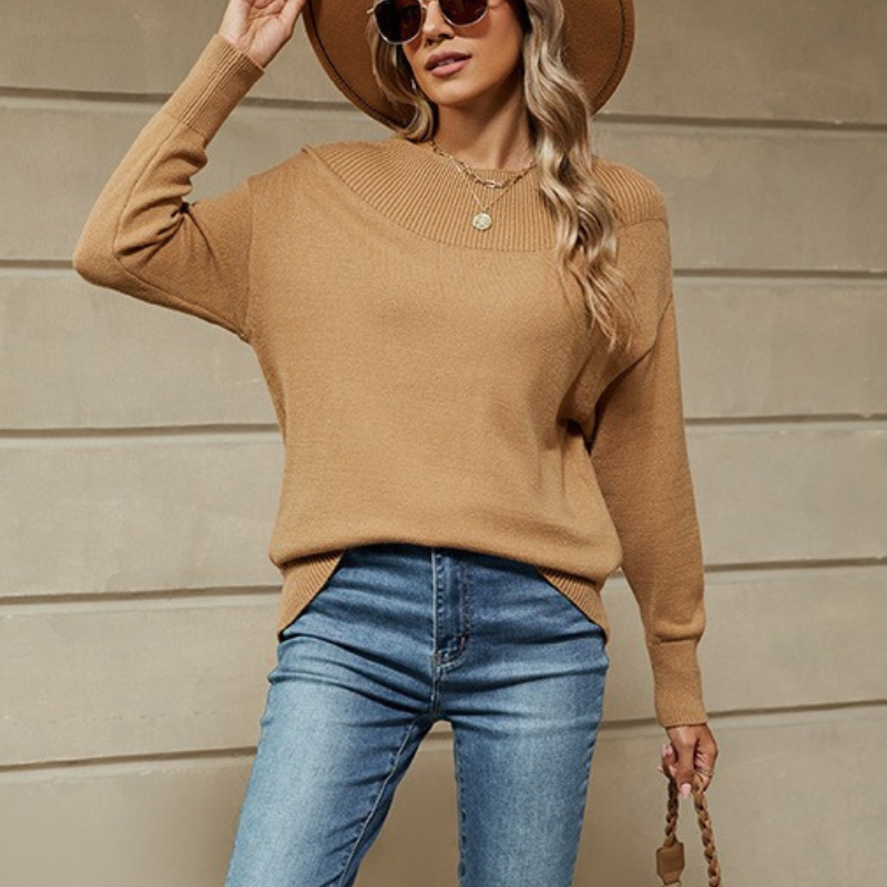 Women’s Sweatshirt Pullover – Loose Fit – Knit Texture – Ribbed Boat Neck – Long Sleeve