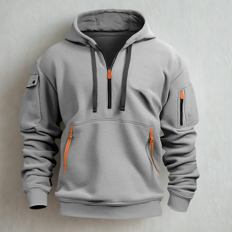 Mens Knit Hooded Quarter Zip Hoodie With Multi Pocket Design And Neon Zip Pockets