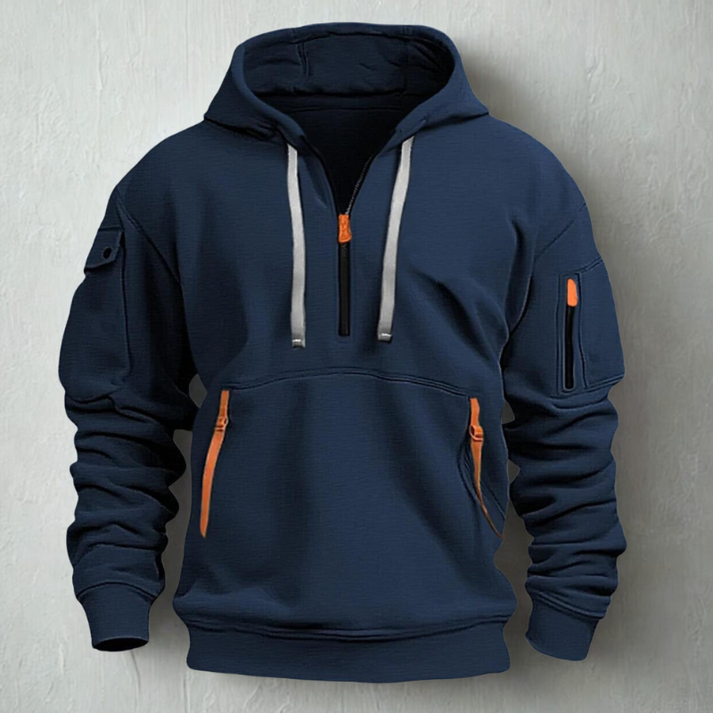 Mens Knit Hooded Quarter Zip Hoodie With Multi Pocket Design And Neon Zip Pockets