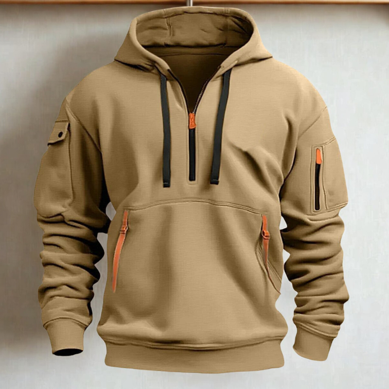 Mens Knit Hooded Quarter Zip Hoodie With Multi Pocket Design And Neon Zip Pockets