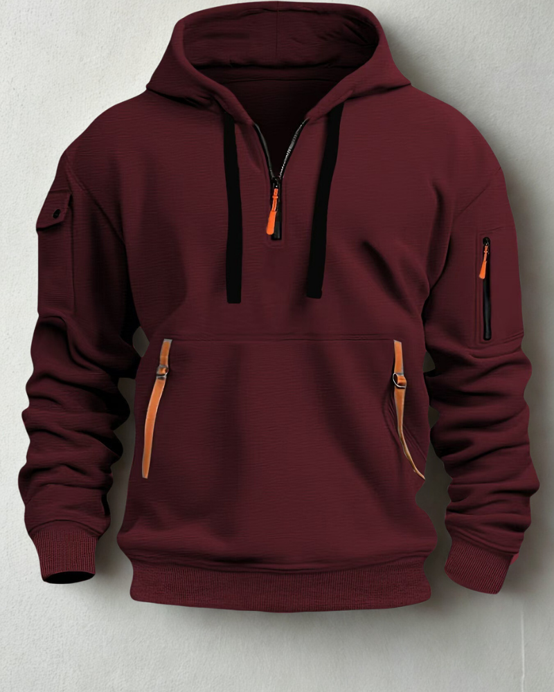 Mens Knit Hooded Quarter Zip Hoodie With Multi Pocket Design And Neon Zip Pockets