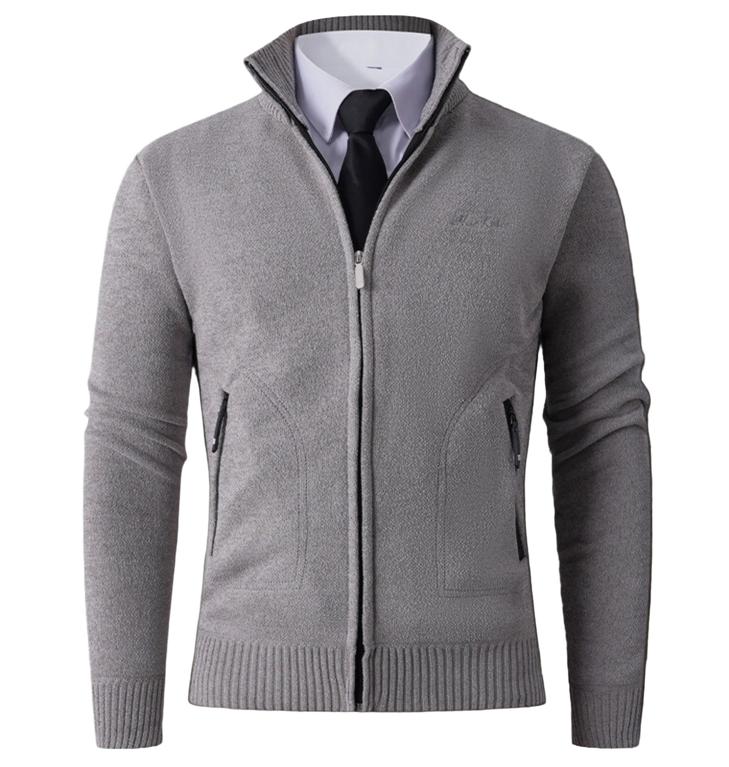 TrendAura Men's Knit Cardigan With High Stand Collar Slim Fit And Ribbed Cuffs For Smart Casual Style