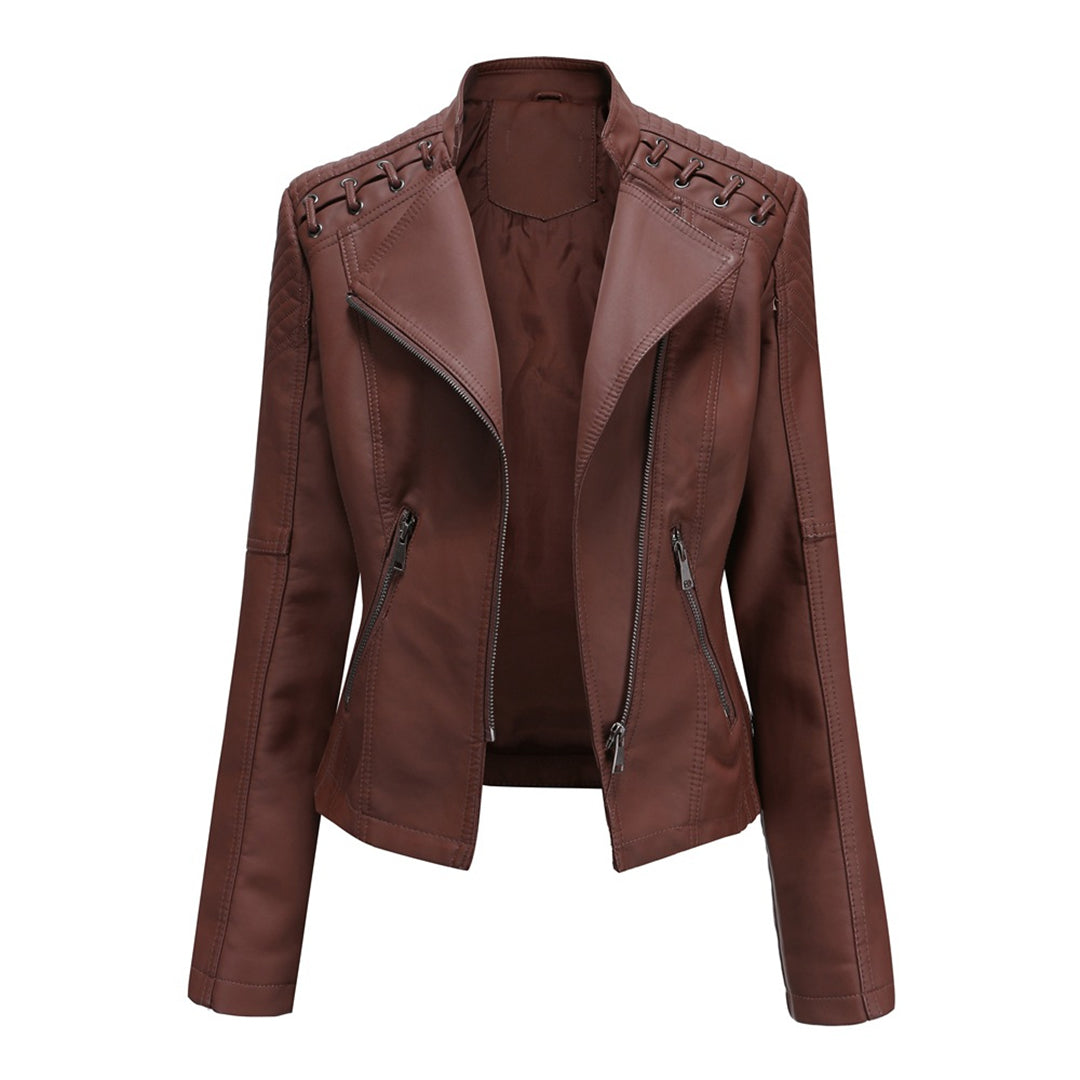 Men's Leather Biker Jacket Slim Fit With Asymmetric Zipper And Quilted Shoulders Zipper Pockets