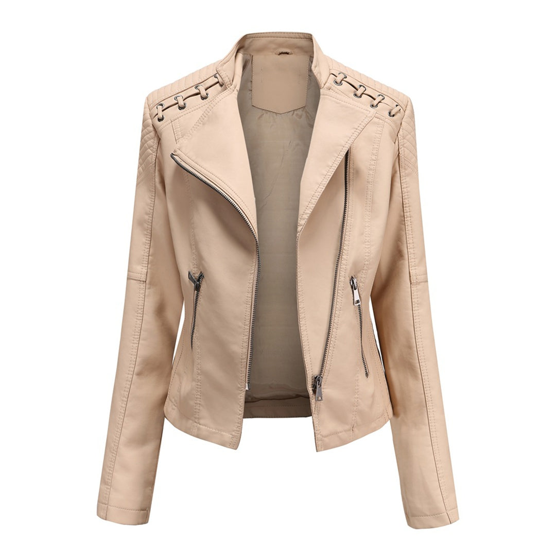 Men's Leather Biker Jacket Slim Fit With Asymmetric Zipper And Quilted Shoulders Zipper Pockets