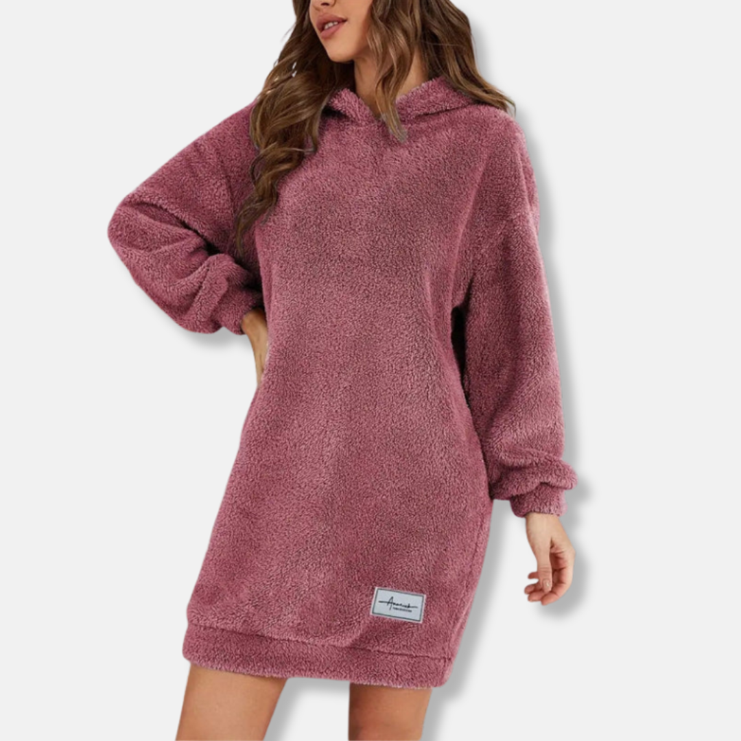 Women’s Hoodie Dress – Fleece Texture – Oversized Fit – Long Sleeve Mini Lounge Wear