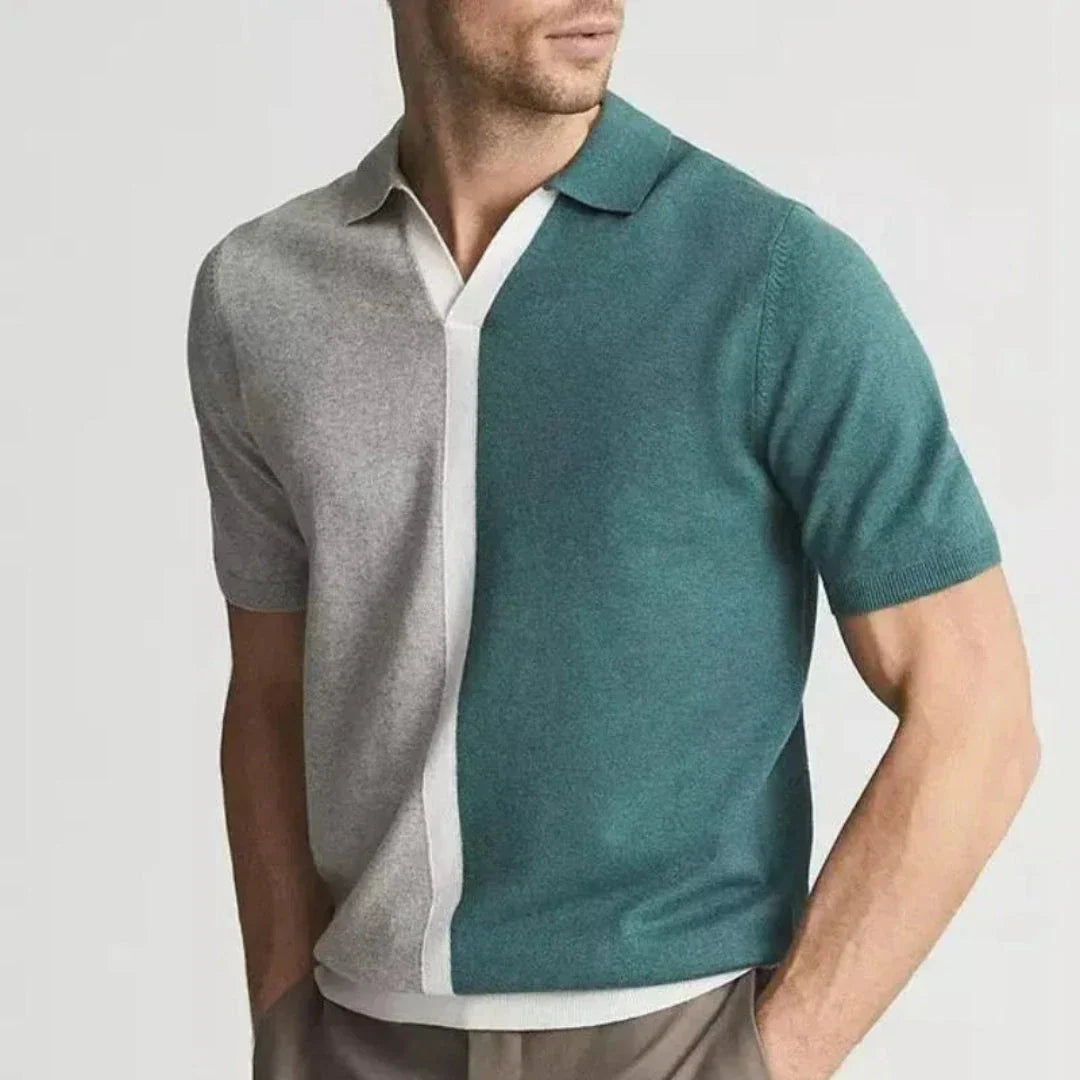 Matthew Two-Tone Contrast Knit Polo Shirt for Men by Waylynn With Blue and White Panel