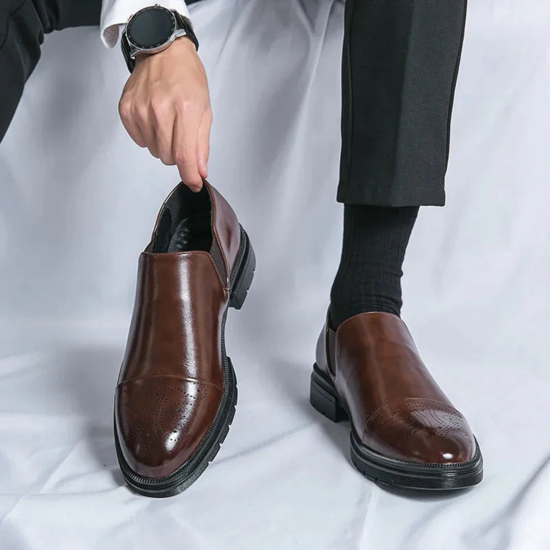 Maxwell Polished Leather Loafers for Men Cap Toe With Subtle Brogue Detailing Comfortable Slip On Dress Shoes