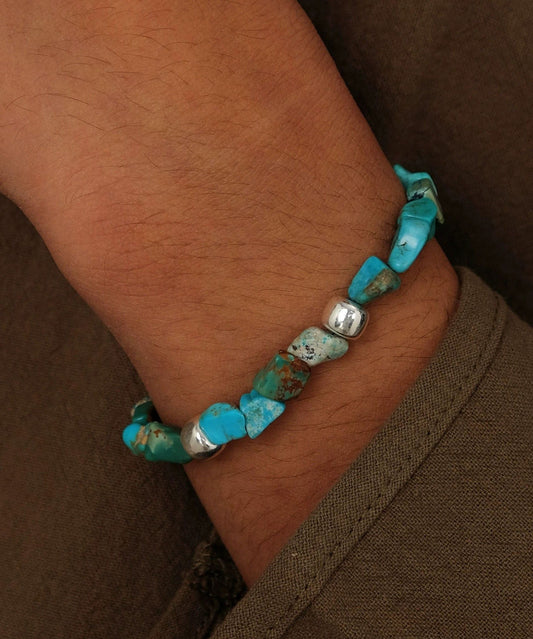 Bracelet chaîne en perles turquoise argentées et bleues pour homme - TrendAura
