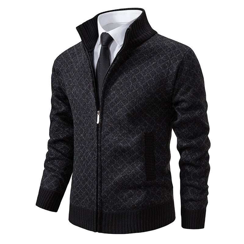Mens Cardigan With Zipper And High Collar Patterned Knit Ribbed Edges And Front Pockets